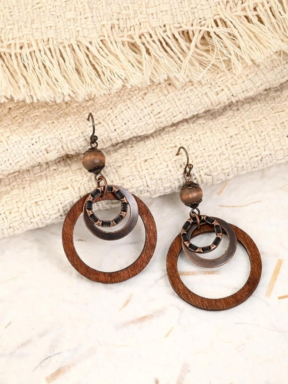 Boho Wooden Earrings For Women With Copper And Wood Circle Dangle Lightweight Ge View 5